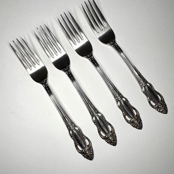 Vintage United Silver Co Artistic Rose Dinner Fork 7-1/4 Stainless 4pcs Pierced - Picture 1 of 5